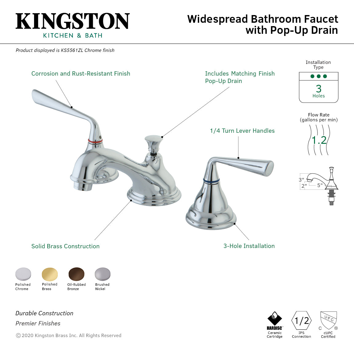 Kingston Tulare KS5561ZL - Silver Sage Two-Handle 3-Hole Deck Mount Widespread Bathroom Faucet with Brass Pop-Up, Polished Chrome — thumbnail 3